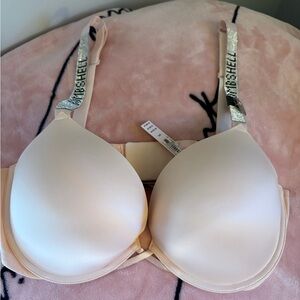 Victoria's Secret Pale Pink Padded Bra with Rhinestone Logo Strap bra set !
